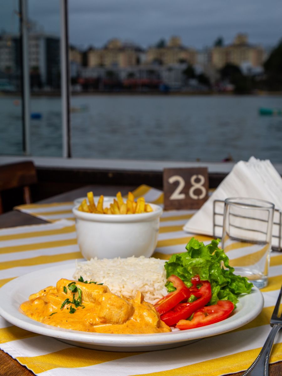 Prato executivo de strogonoff de frango com arroz, batata frita e salada