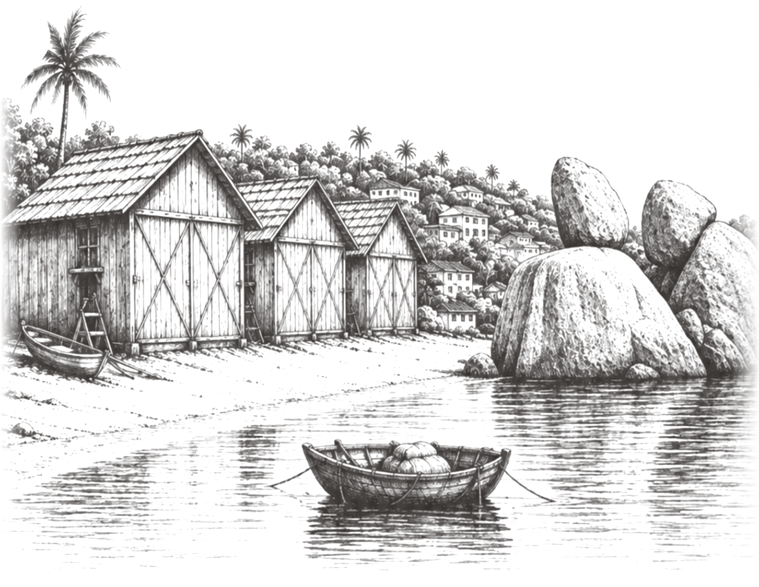 Ilustração em gravura de ranchos de pesca, pedras e canoa em Coqueiros